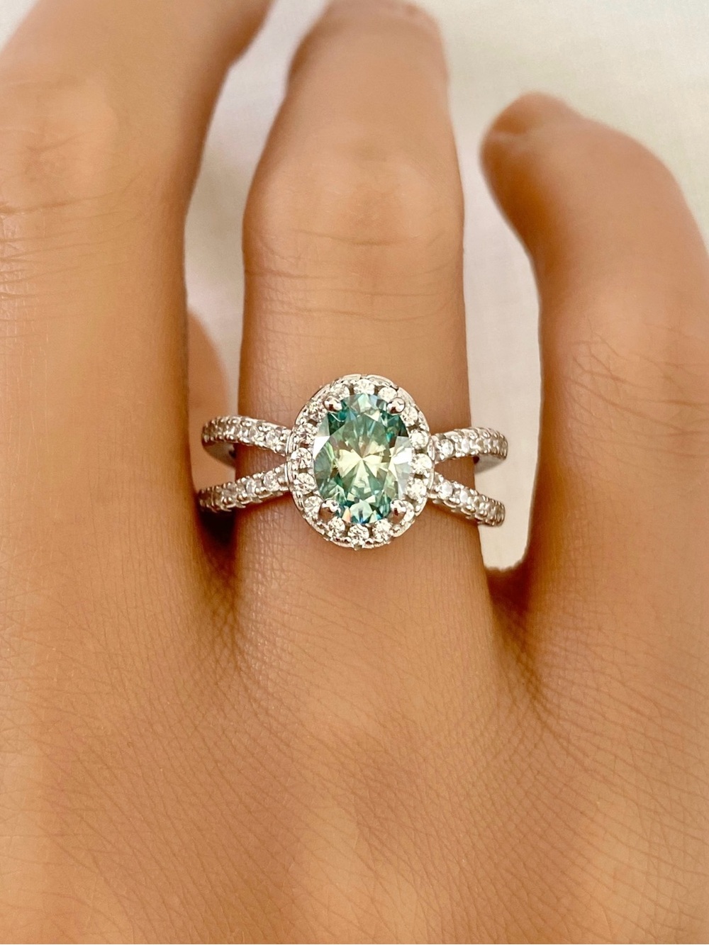 Oval Light Blue Moissanite Diamond Sterling Silver Split Shank Halo CZ Ring